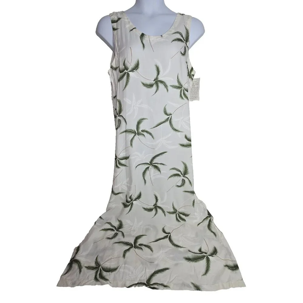 Paradise Found Women's Vintage Hawaiian Dress Rayon Large White‎ Long Sleeveless